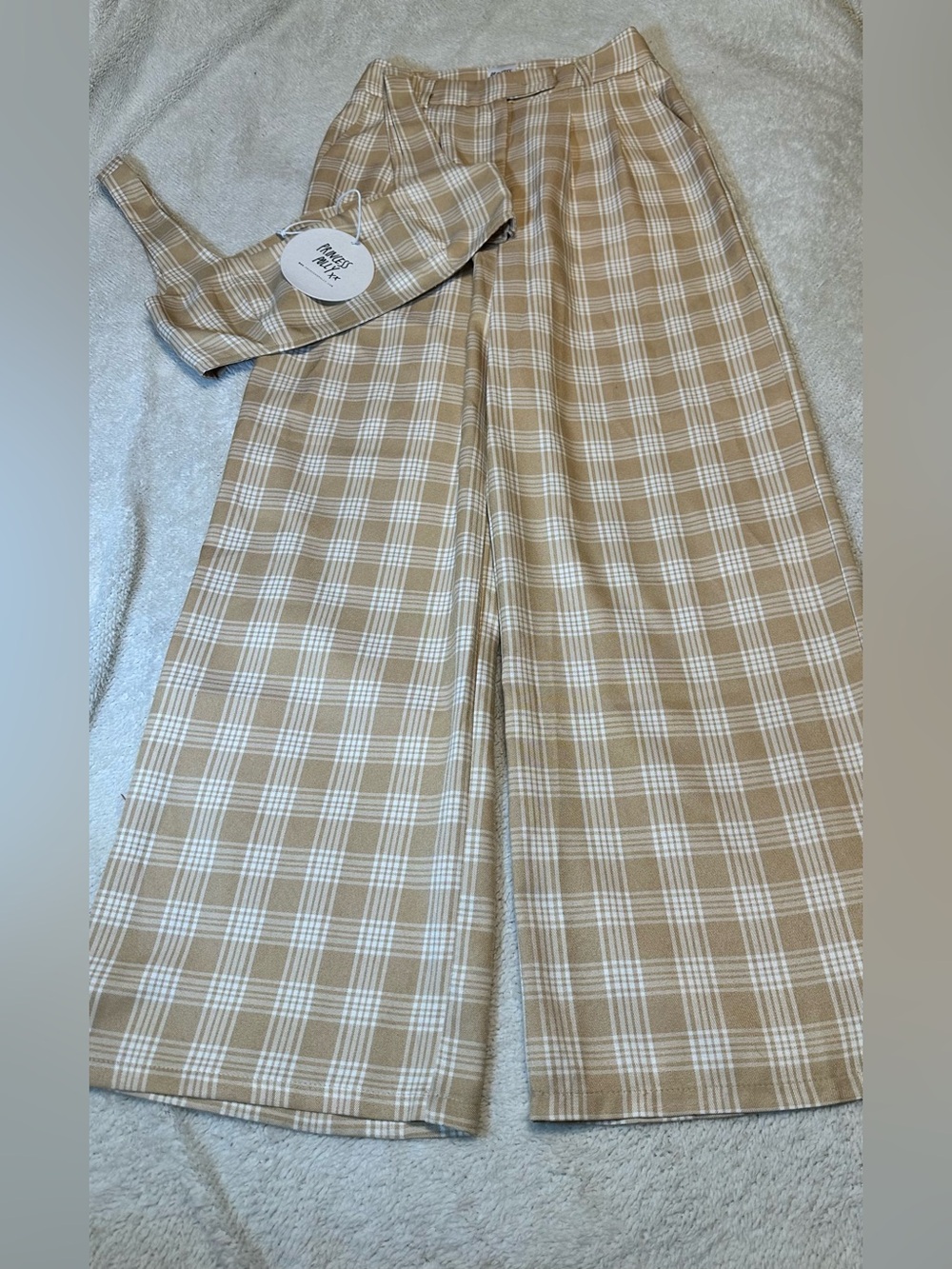 Princess Polly Beige Plaid Wide Leg Pants - Picture 2 of 7